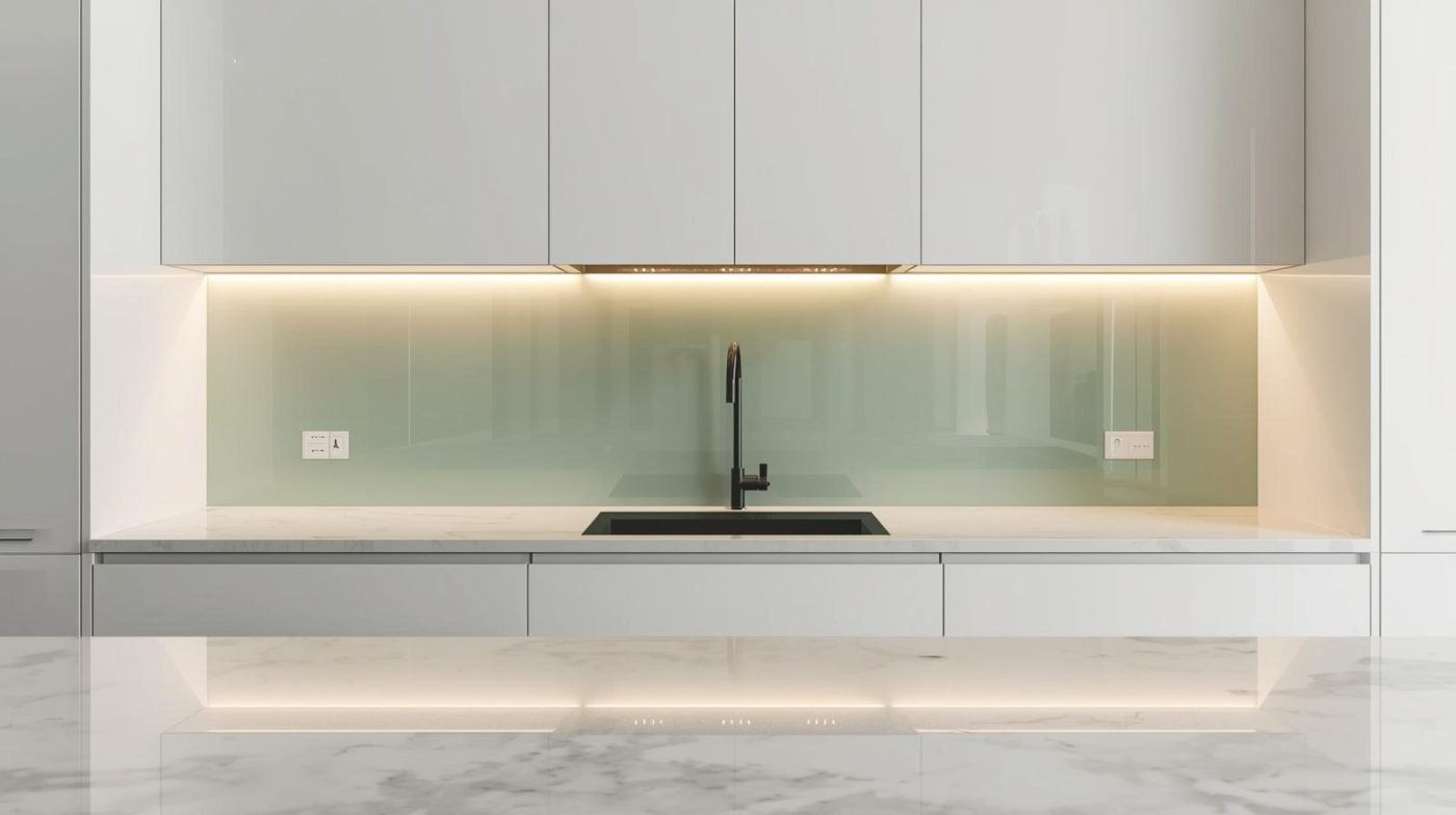 Kính ốp bếp màu xanh lụa