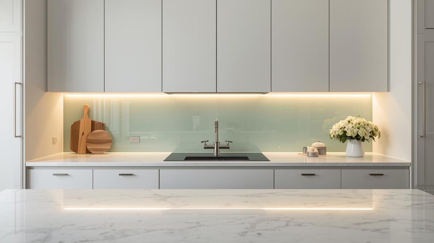 Kính ốp bếp màu xanh lụa