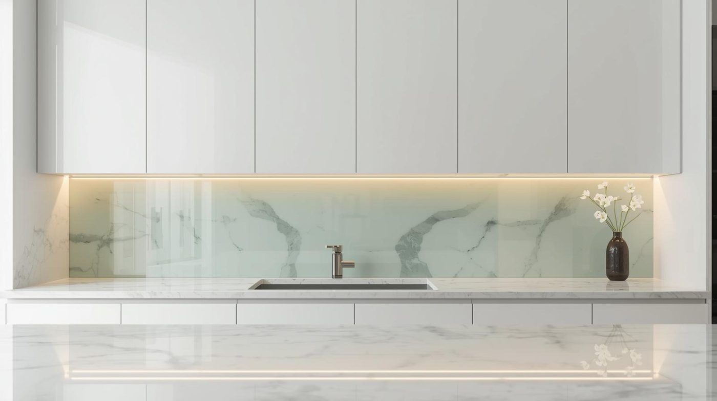Kính ốp bếp màu trắng xanh