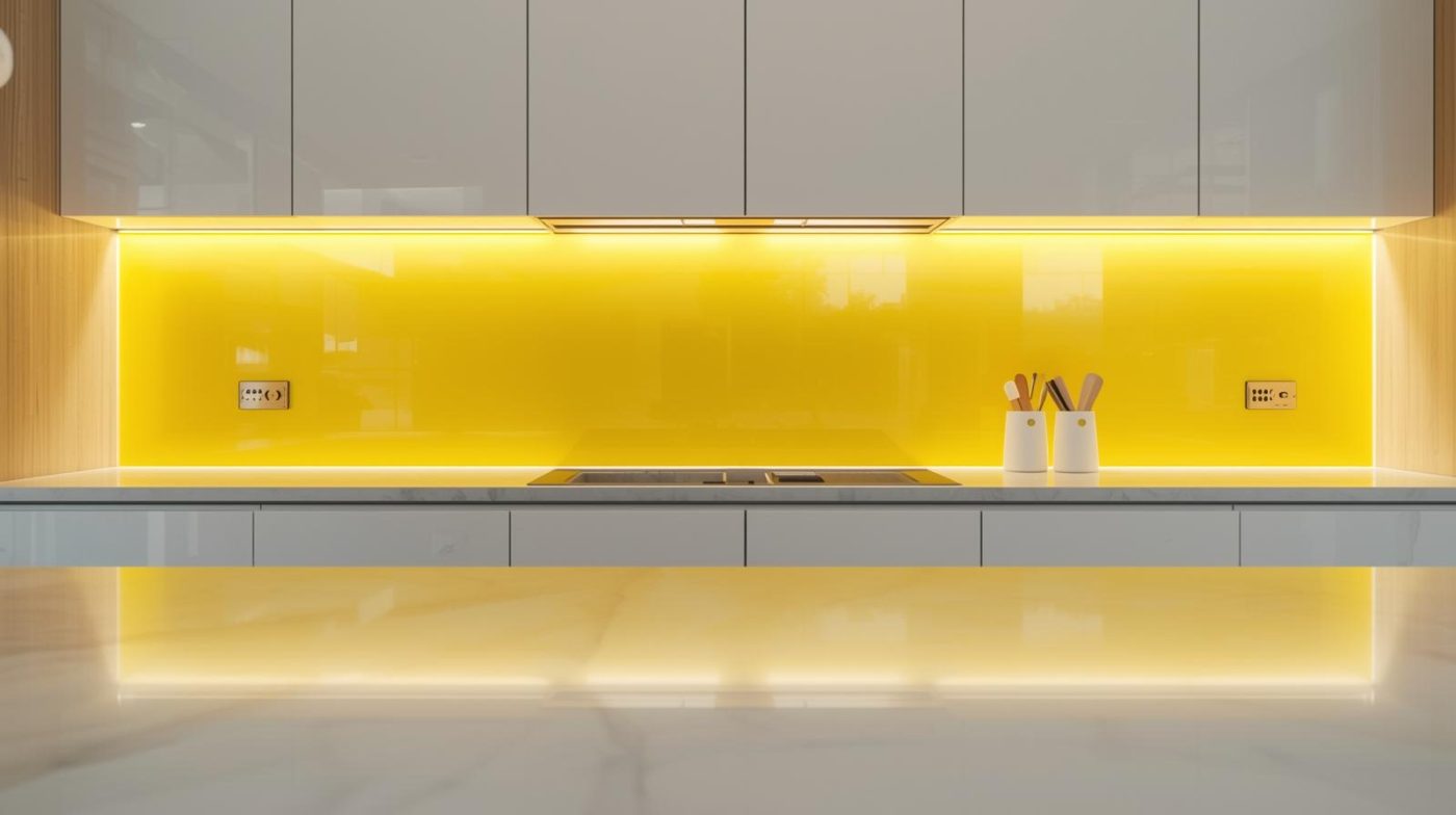 Kính ốp bếp màu vàng nắng