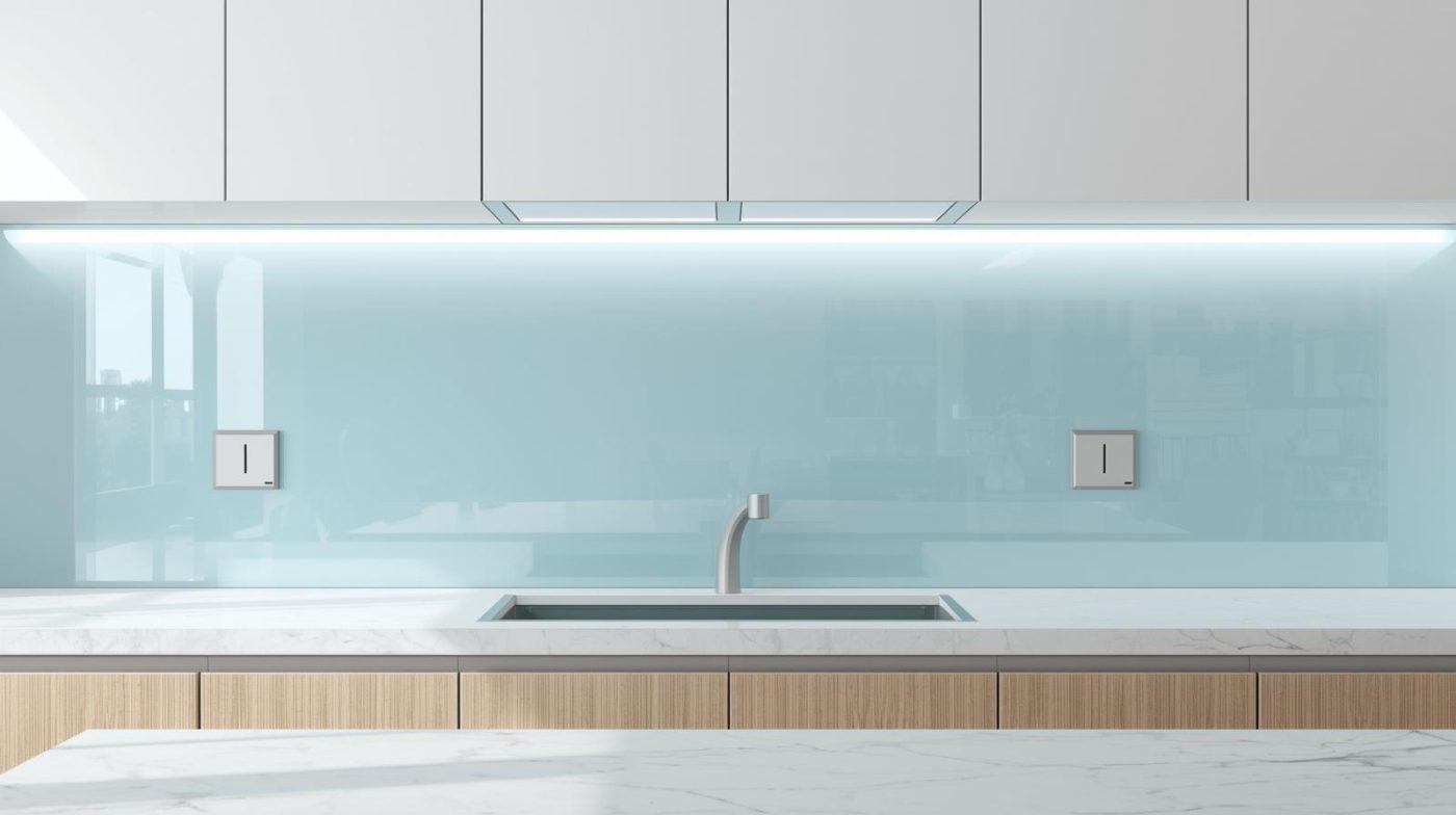Kính ốp bếp màu xanh lơ
