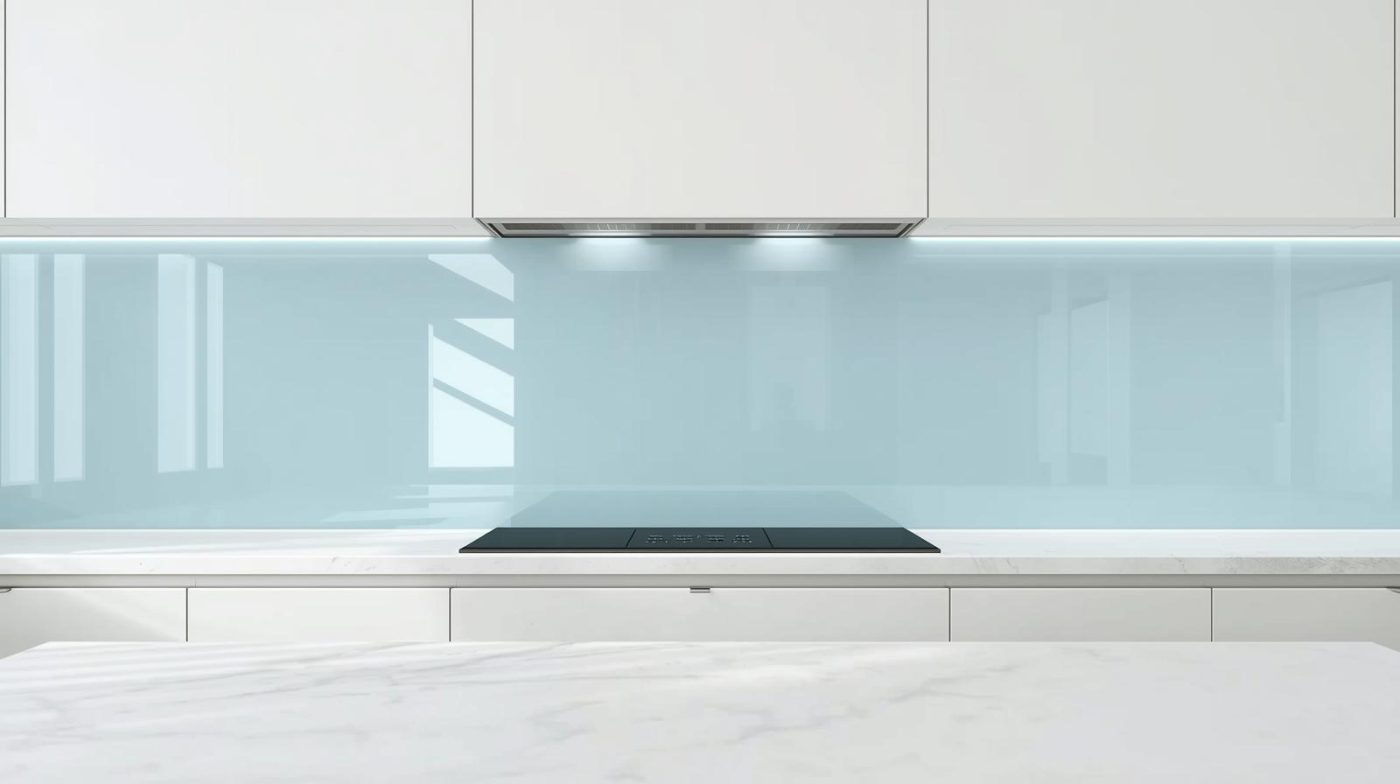 Kính ốp bếp màu xanh lơ