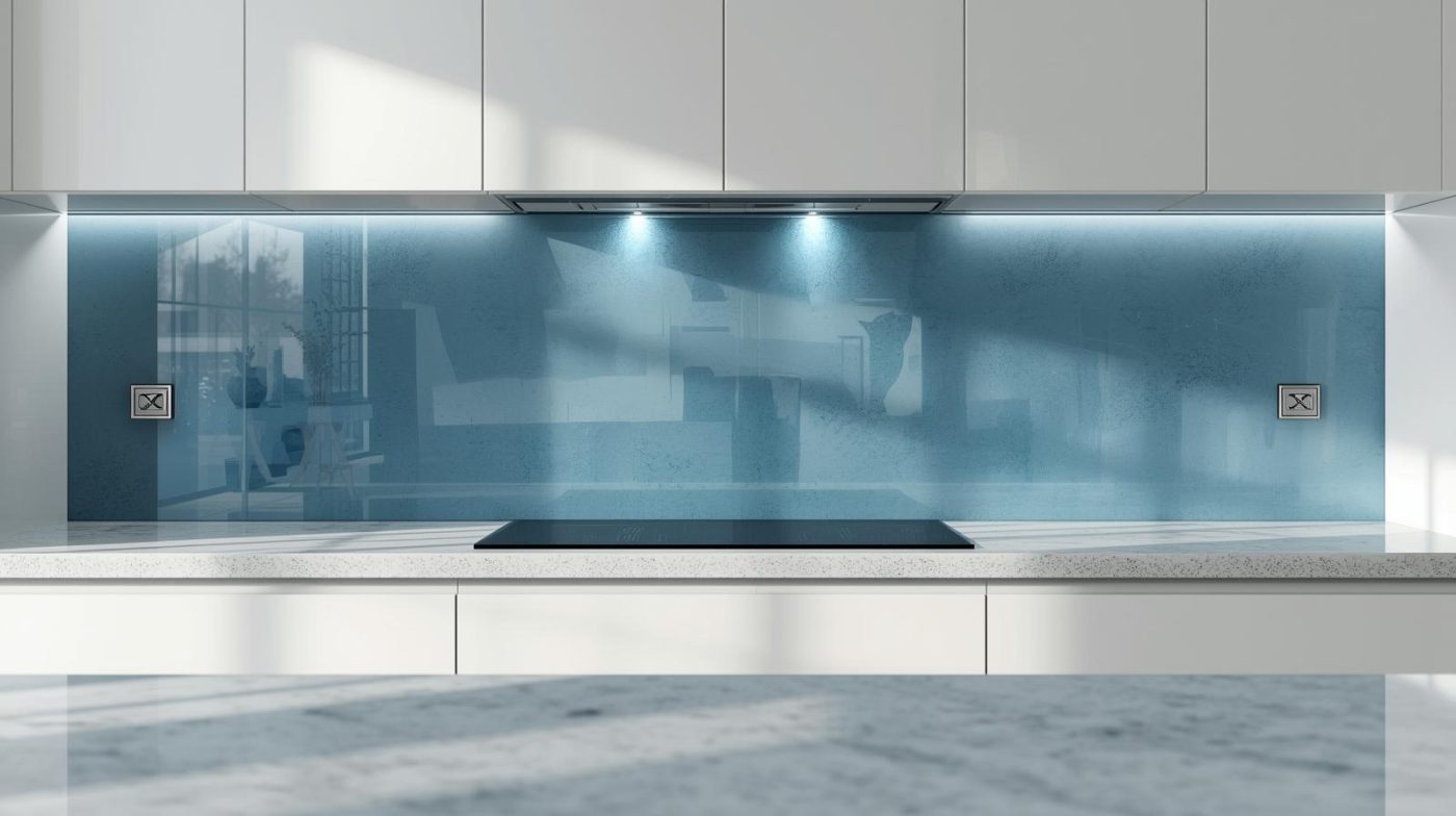 Kính ốp bếp màu xanh nước biển