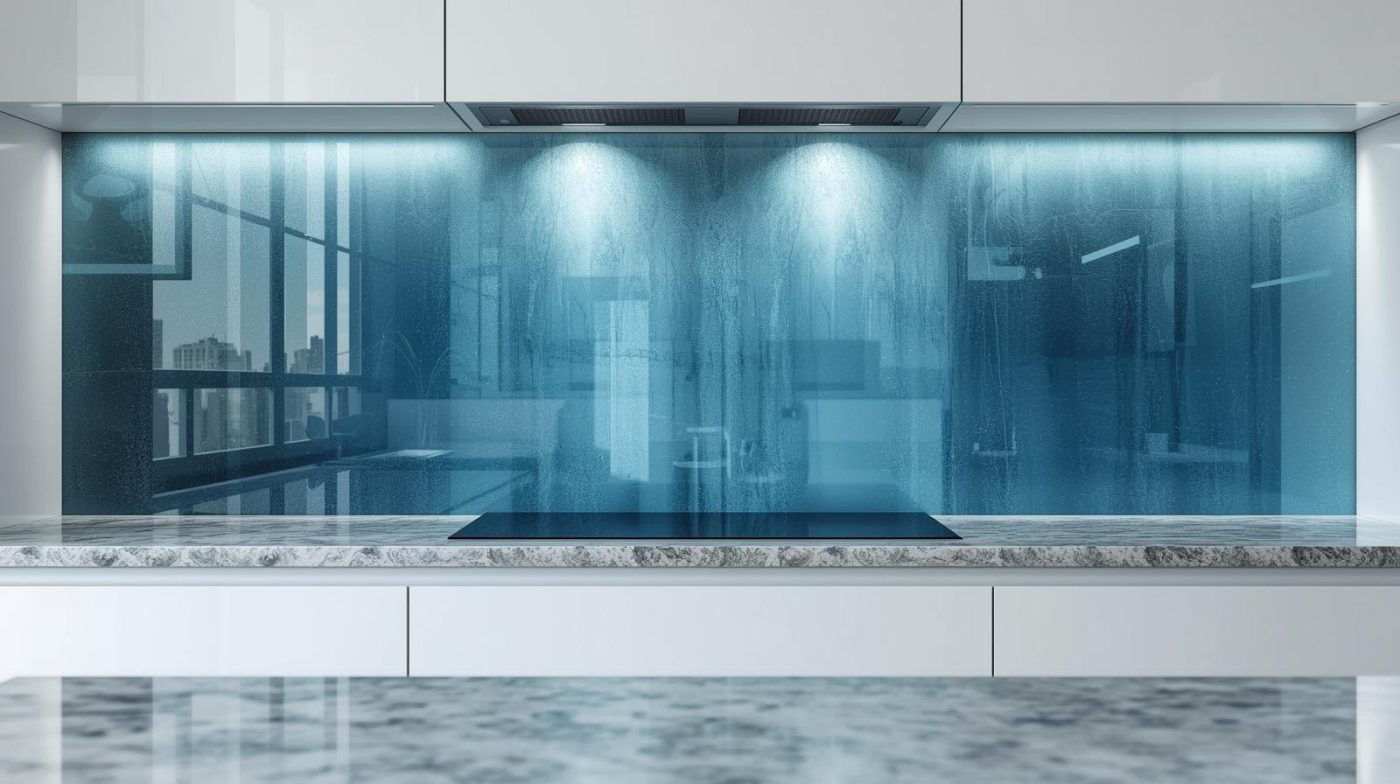 Kính ốp bếp màu xanh nước biển