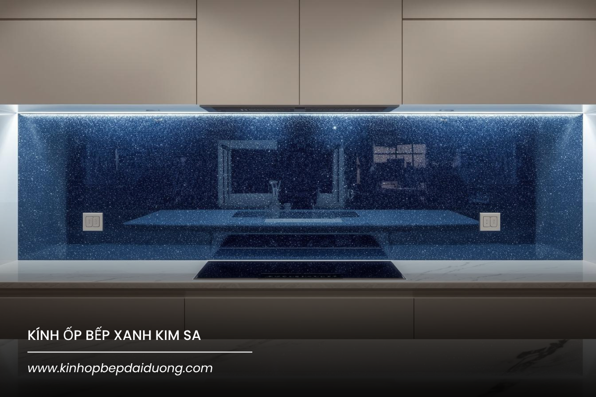 Kính Ốp Bếp Màu Xanh Dương Kim Sa