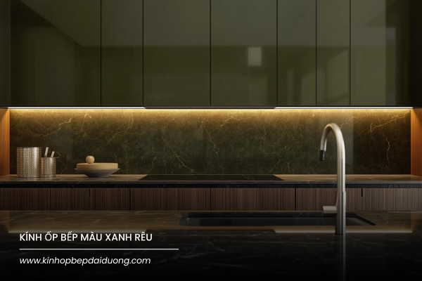 Kính ốp bếp màu xanh rêu
