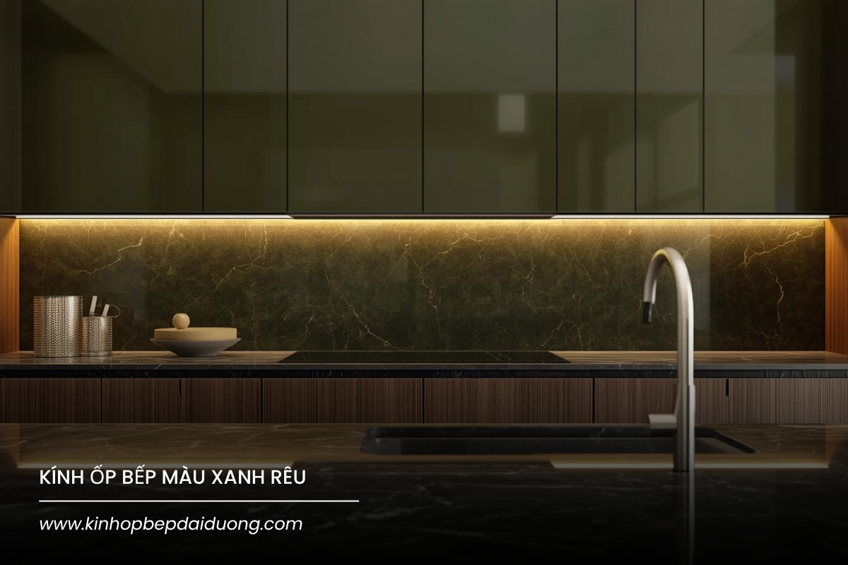 Kính ốp bếp màu xanh rêu