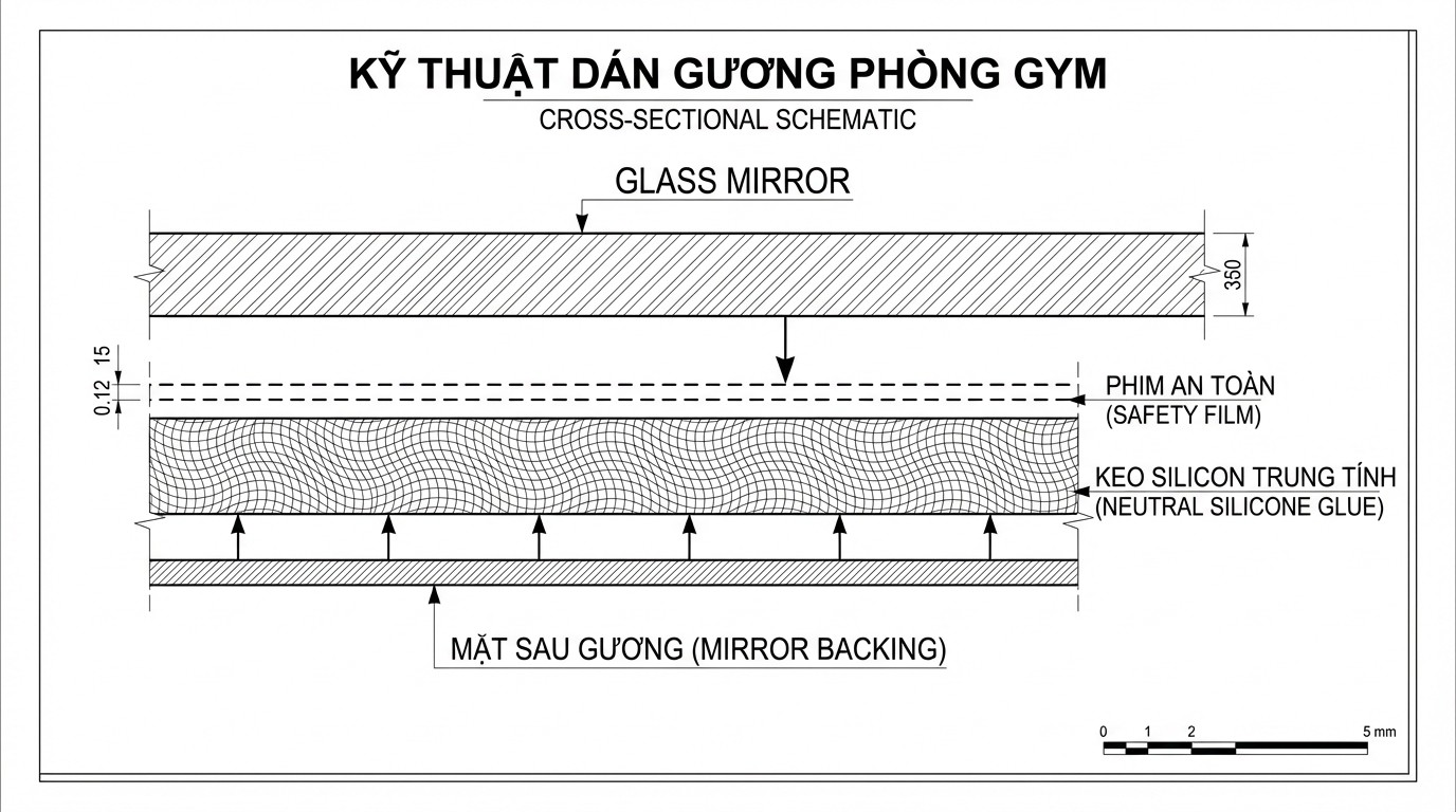 Bản vẽ kỹ thuật cách đi keo silicon trung tính và dán phim an toàn mặt sau cho gương phòng gym