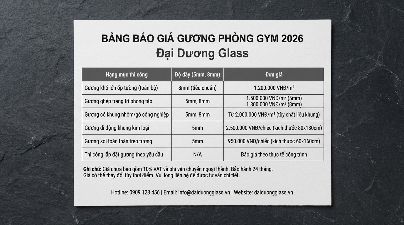 Bảng báo giá gương phòng gym năm 2026 của Đại Dương Glass theo độ dày và hạng mục thi công