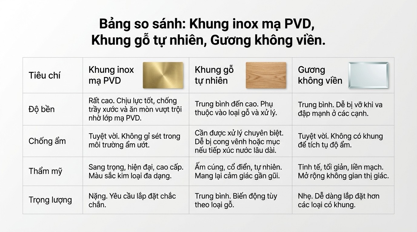 Báo Giá Thi Công Gương Soi Khổ Lớn An Toàn 2026 4 Bảng so sánh khung inox mạ PVD, khung gỗ tự nhiên và gương không viền cho gương soi khổ lớn