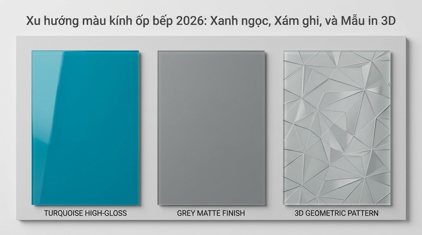 Báo Giá Thi Công Kính Ốp Bếp Chịu Nhiệt 3 Bộ sưu tập xu hướng màu kính ốp bếp 2026 gồm xanh ngọc, xám ghi và mẫu in 3D