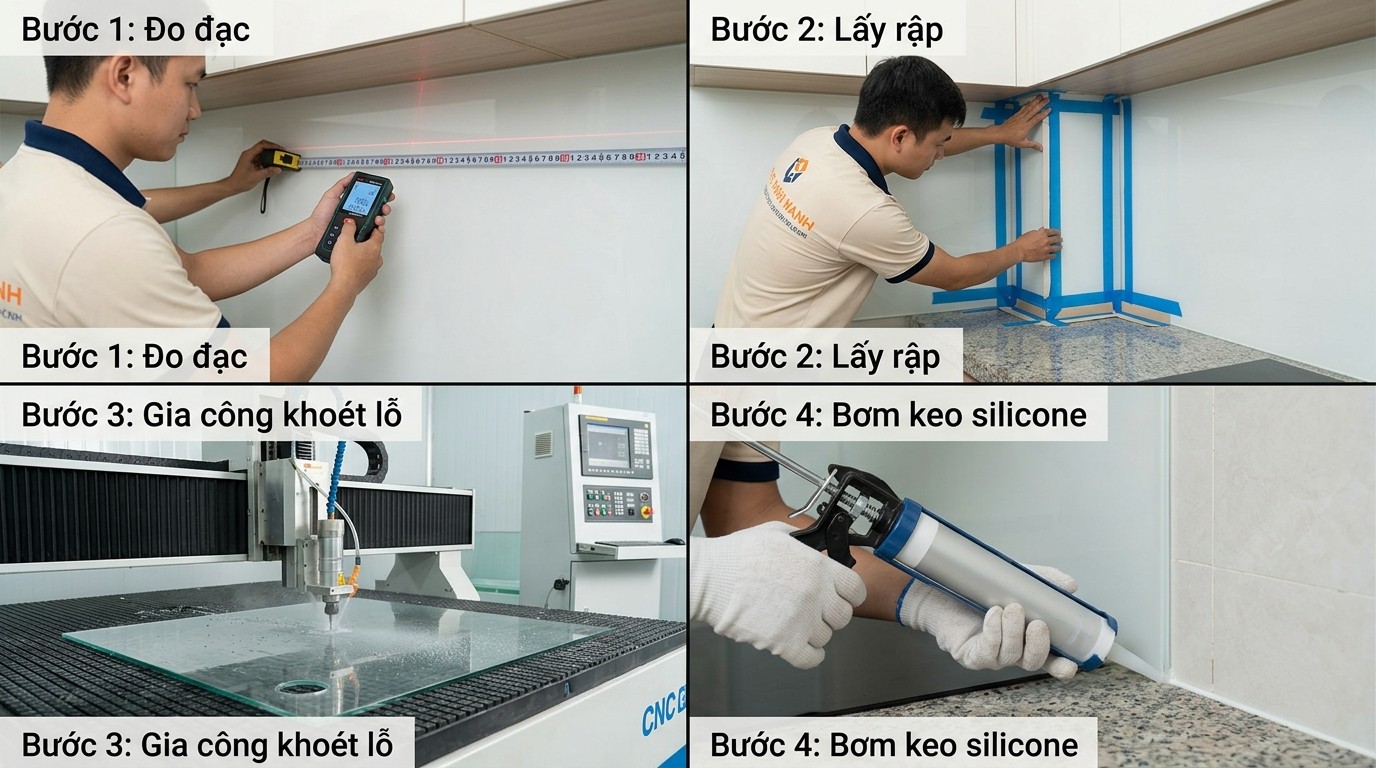 Các bước thi công kính ốp bếp gồm đo đạc, lấy rập, gia công khoét lỗ và bơm keo silicone