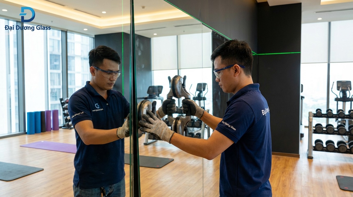 Đội ngũ Đại Dương Glass thi công lắp đặt gương khổ lớn trong phòng tập với dụng cụ căn chỉnh và bảo hộ