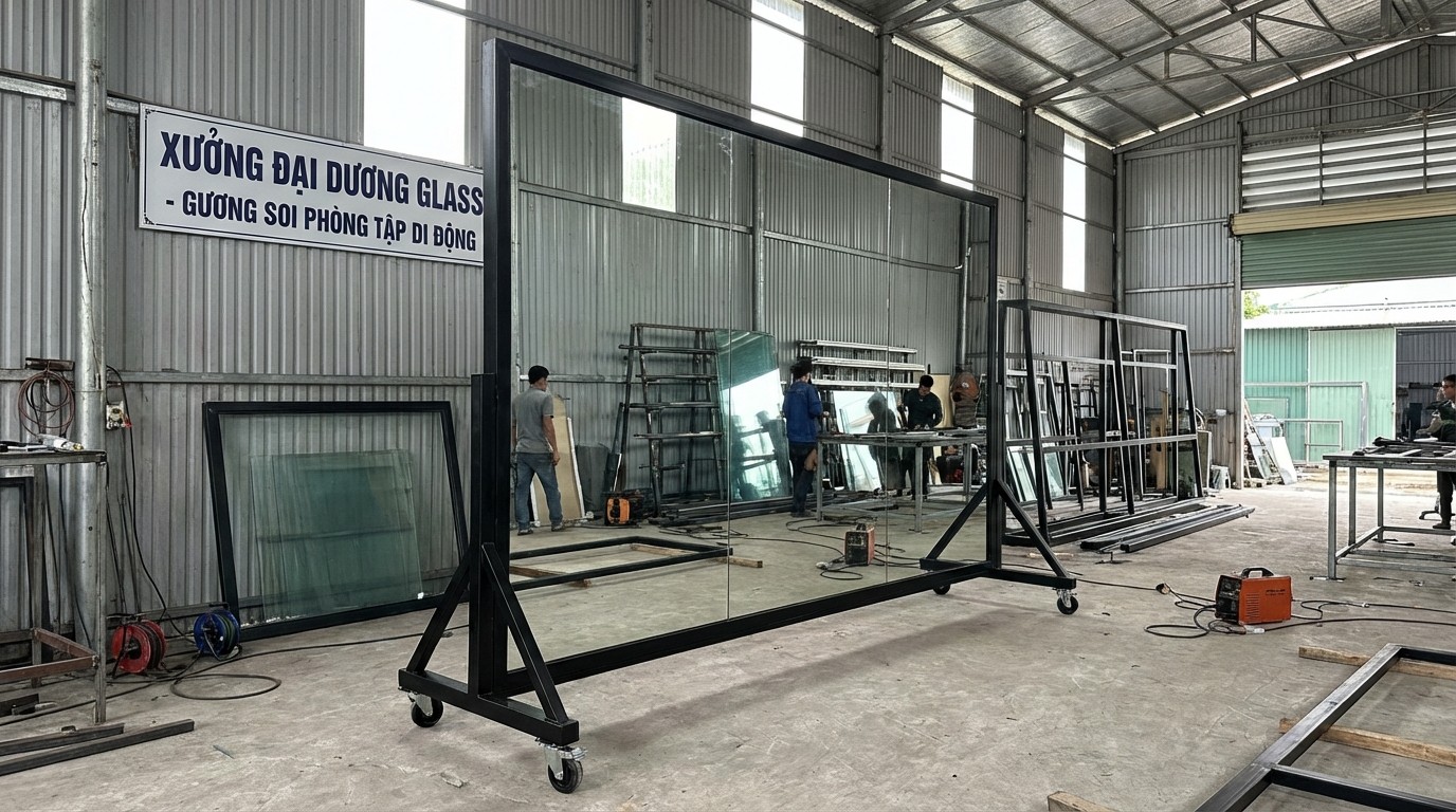 Báo Giá Thi Công Gương Soi Phòng Tập Di Động 2026 2 Gương soi phòng tập di động khung sắt đen có bánh xe tại xưởng Đại Dương Glass