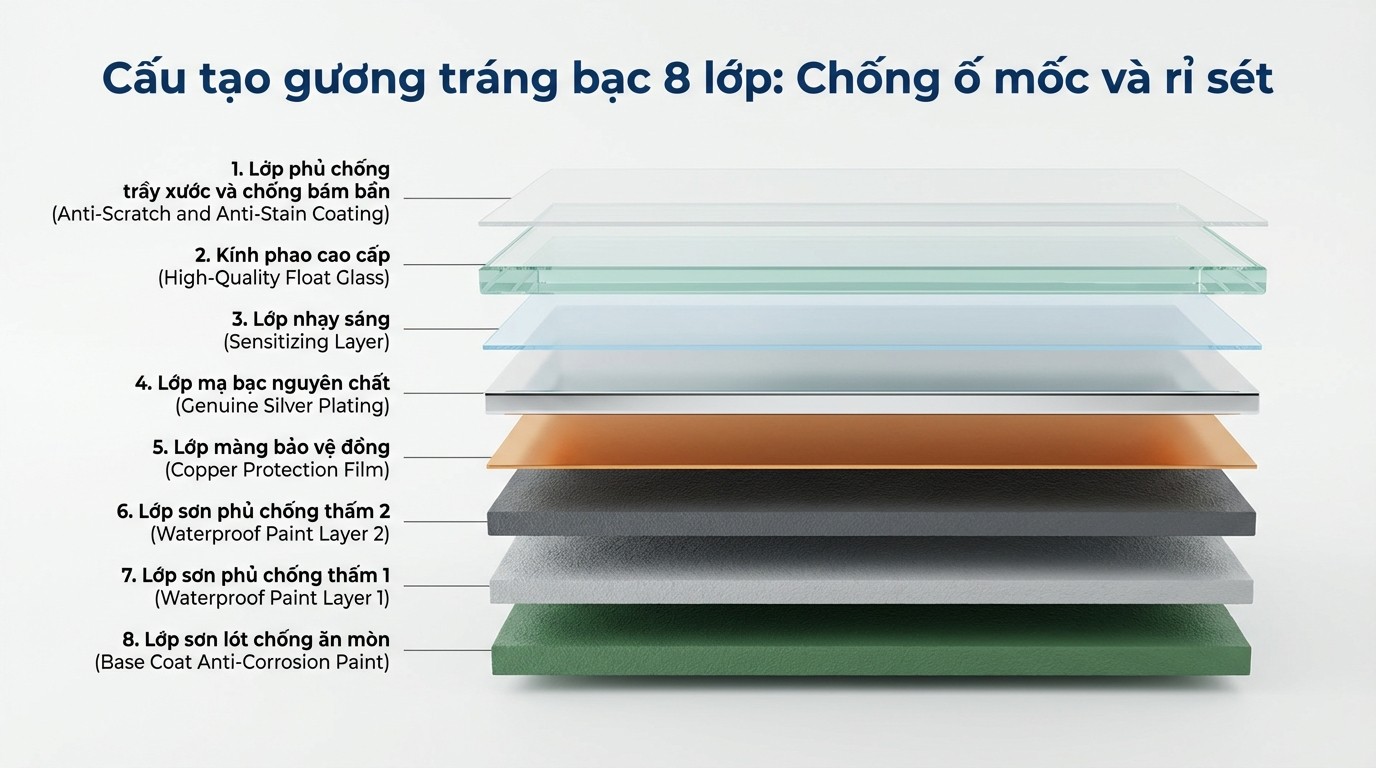 Infographic cấu tạo gương tráng bạc 8 lớp và các lớp bảo vệ giảm ố mốc