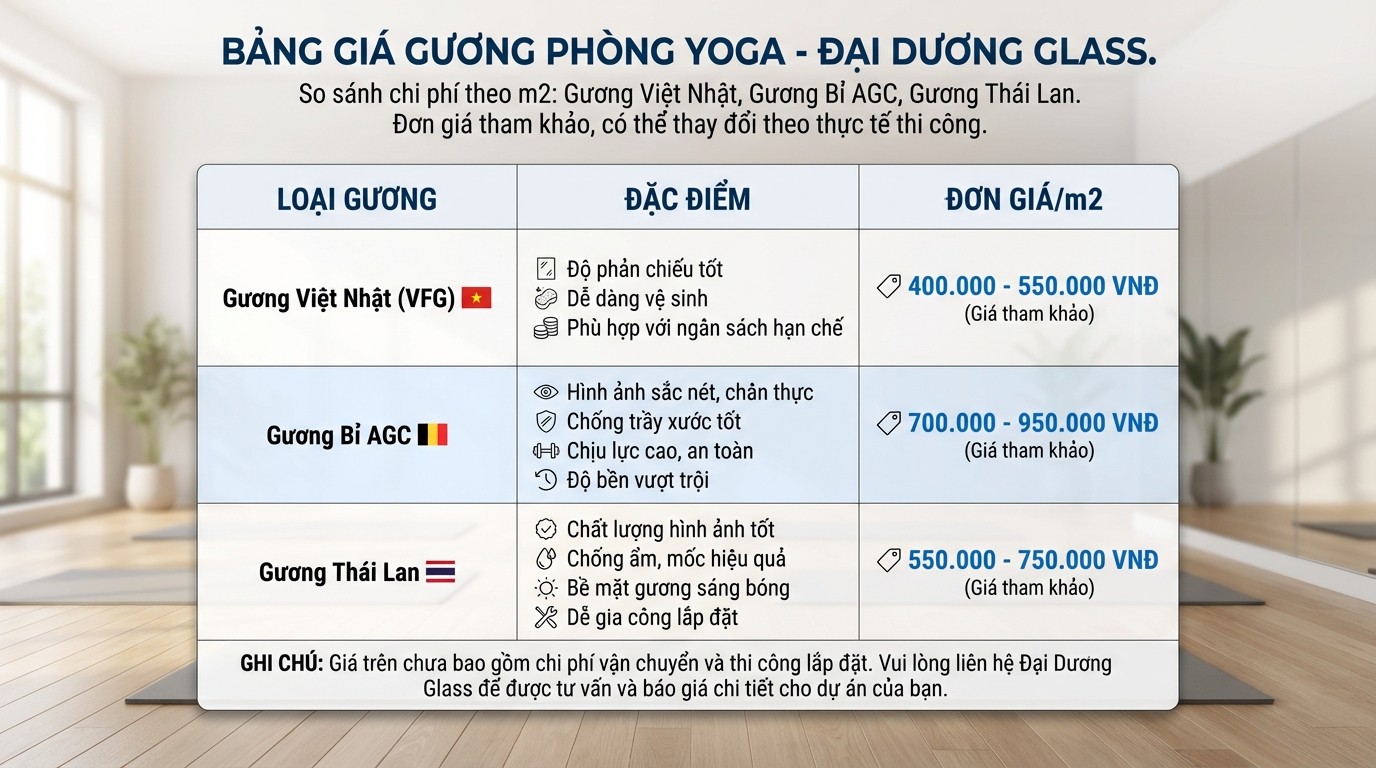 Báo Giá Thi Công Gương Soi Phòng Tập Yoga 2026 4 Infographic so sánh chi phí các loại gương dán tường cho phòng tập yoga theo m2