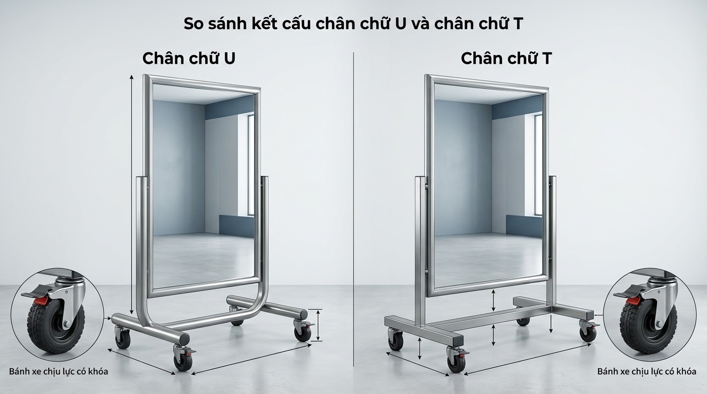 Báo Giá Thi Công Gương Soi Phòng Tập Di Động 2026 4 Infographic so sánh kết cấu chân đế chữ U và chữ T cho gương phòng gym di động