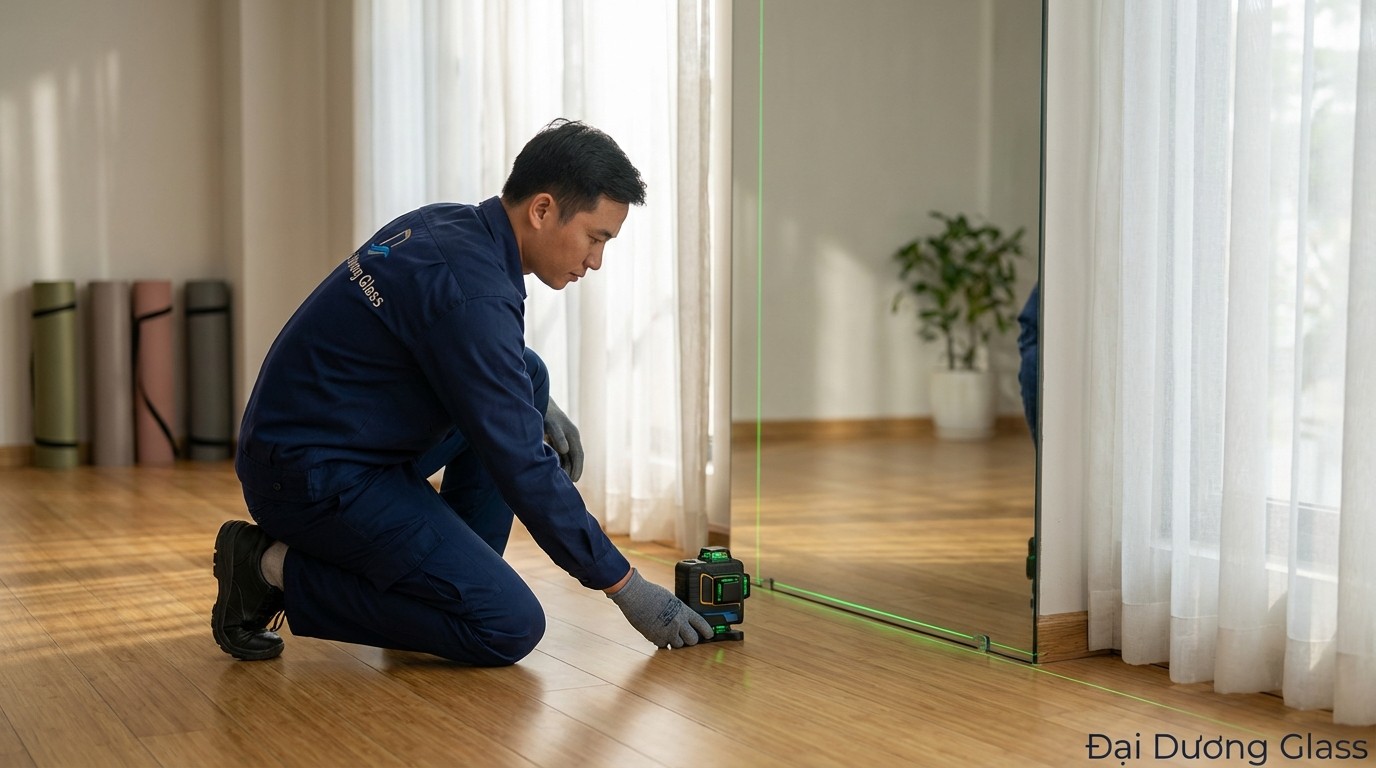 Báo Giá Thi Công Gương Soi Khổ Lớn An Toàn 2026 5 Kỹ thuật viên Đại Dương Glass thi công gương soi khổ lớn tại phòng tập yoga, dùng dụng cụ cân chỉnh độ phẳng