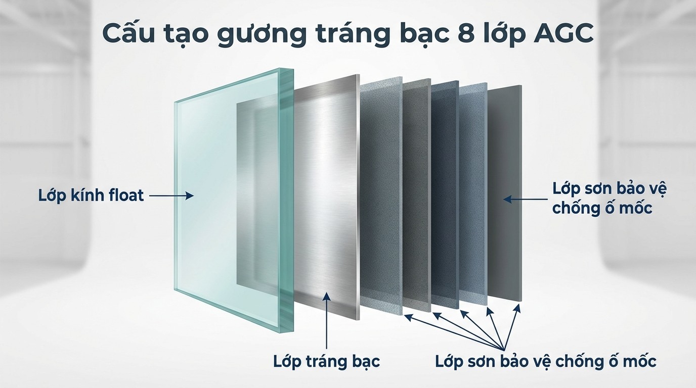 Báo Giá Thi Công Gương Soi Khổ Lớn An Toàn 2026 3 Sơ đồ cấu tạo gương tráng bạc nhiều lớp phôi Bỉ AGC và lớp sơn bảo vệ mặt sau