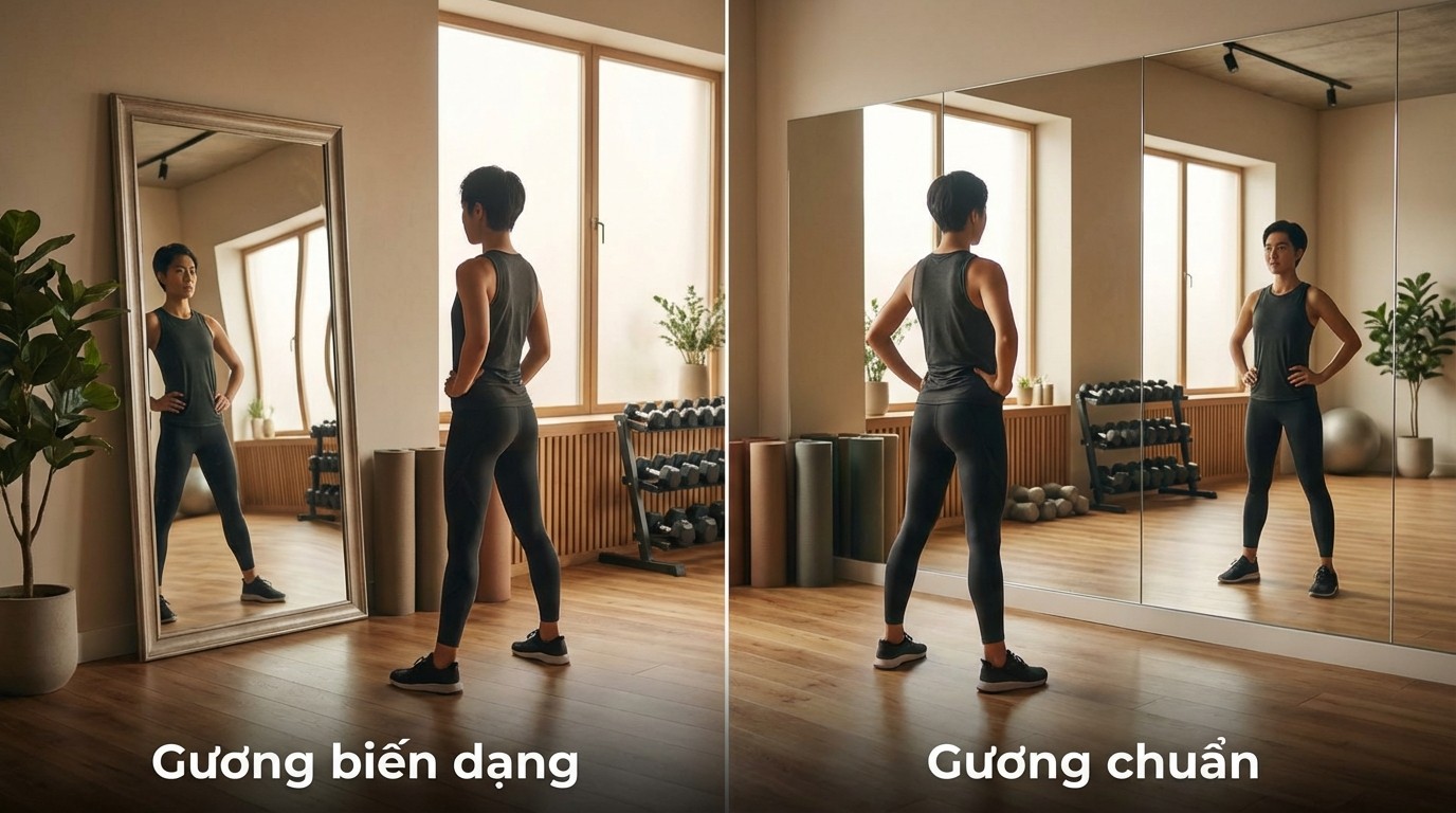 so sanh hinh anh phan chieu bi bien dang va phan chieu chuan khi lap guong trong phong gym