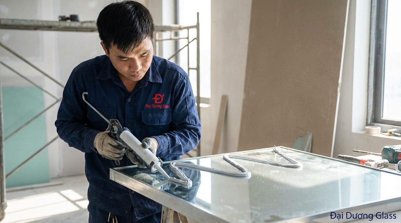 Thợ kỹ thuật Đại Dương Glass thi công bơm keo silicon trung tính lên mặt sau gương theo đường ziczac
